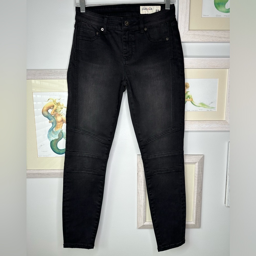 Pistola Black Wash Mid Rise Moto Skinny Jeans Women’s Size 27